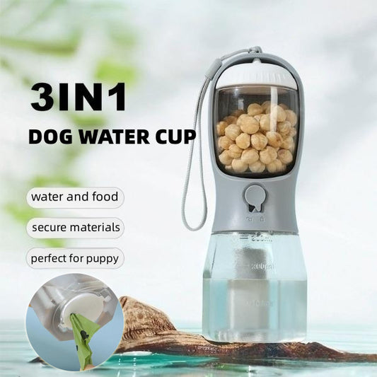 3-in-1 Dog Travel Water Bottle | Portable Water, Food & Waste Bag Cup