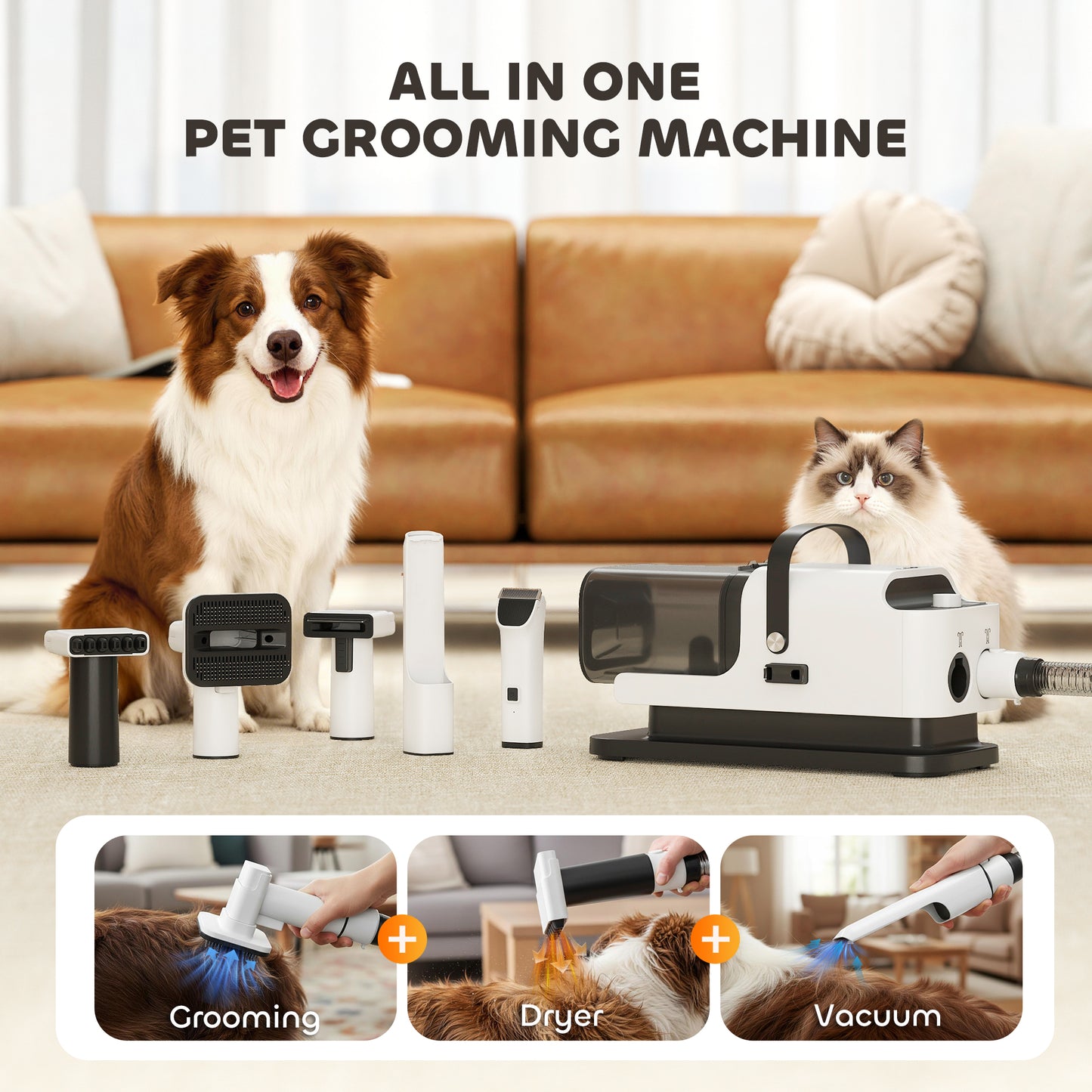 5-in-1 Dog Grooming Vacuum Kit | Low Noise Pet Dryer, Clipper & Deshedding Tool